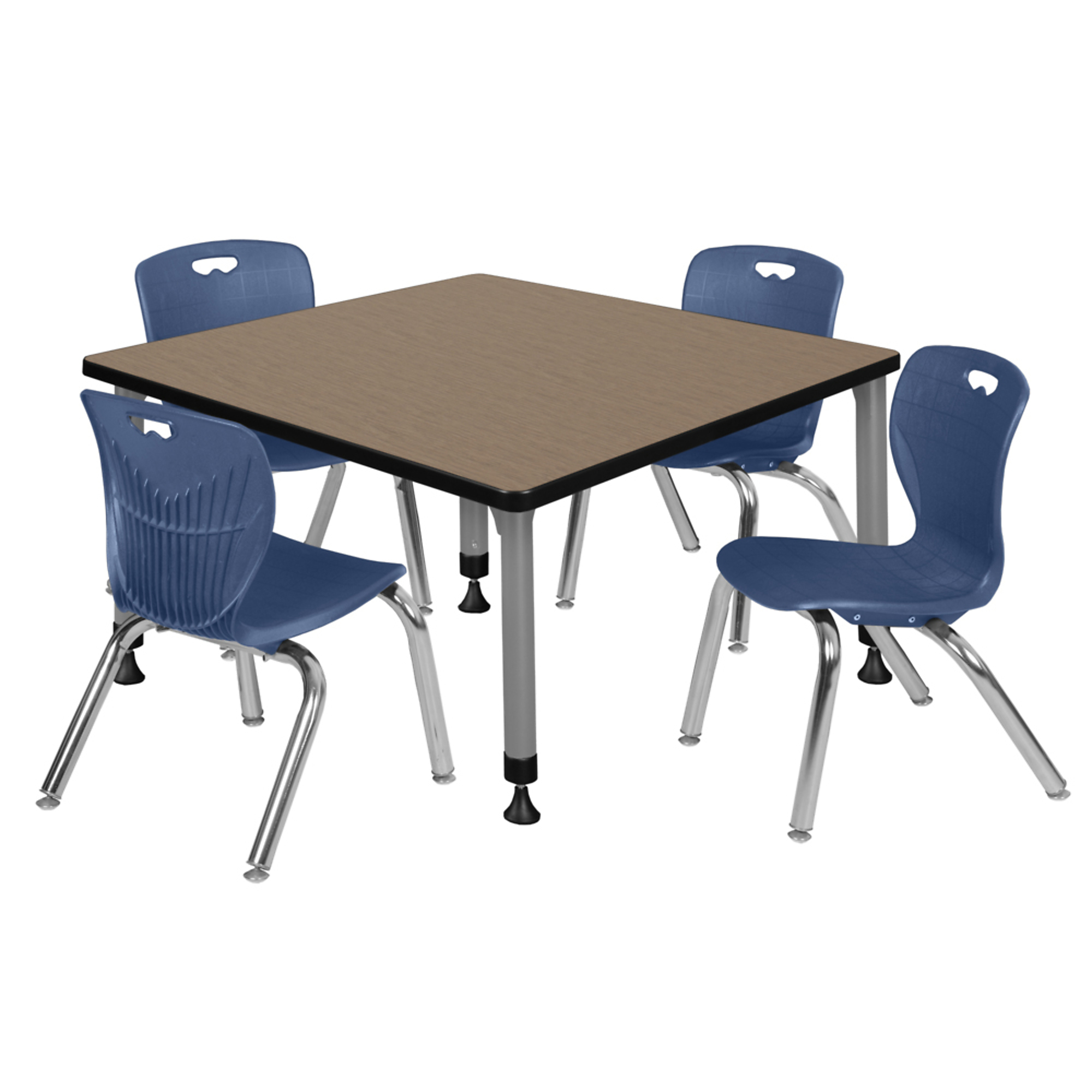 Regency Kee Adjustable Classroom Table Set — 36in. Square, Noble Oak Top, Grey Base, 4 Blue Stack Chairs, Model# TB3636NOAPGY45NV